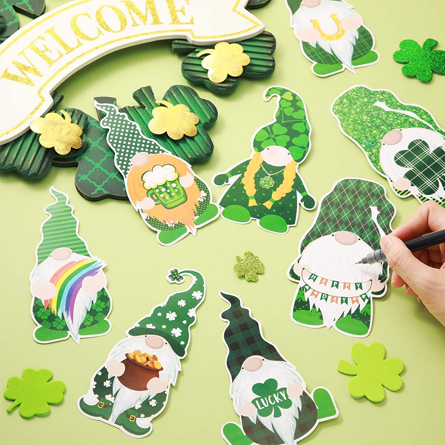 8 Designs 40 Pieces St Patricks Day Cut-Outs Irish Stickers Gnomes Cut-Outs Classroom Decoration with Glue Point Dots for St Patrick’s Day Party Decorations Bulletin Board School Party Supplies 